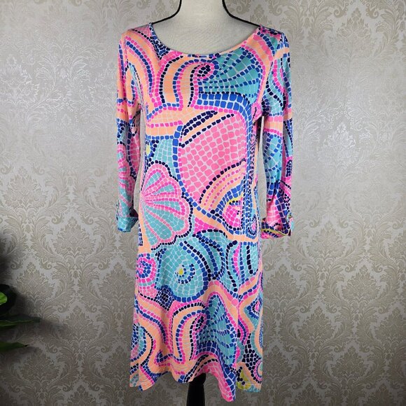 Lilly Pulitzer Size Med Multicolor Dot A-Line Casual Dress Fish Seashell Pattern - Picture 1 of 12
